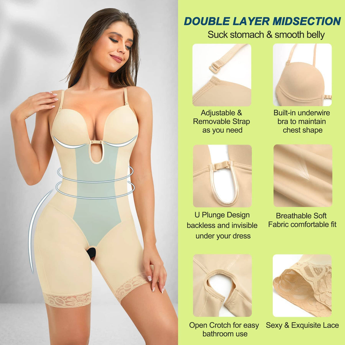 LuxxSculpt Deep U Plunge Low Back Cupped Shaping Bodysuit