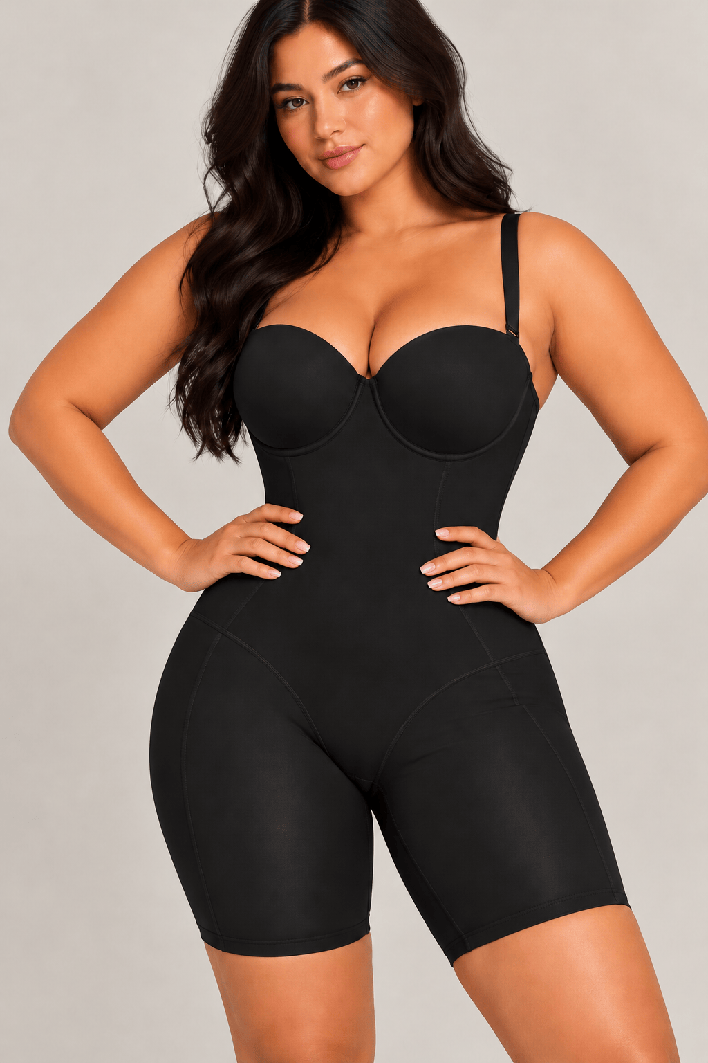 A plus-size woman modeling a black Fancy Cupped strapless shapewear bodysuit in light gray studio background.
