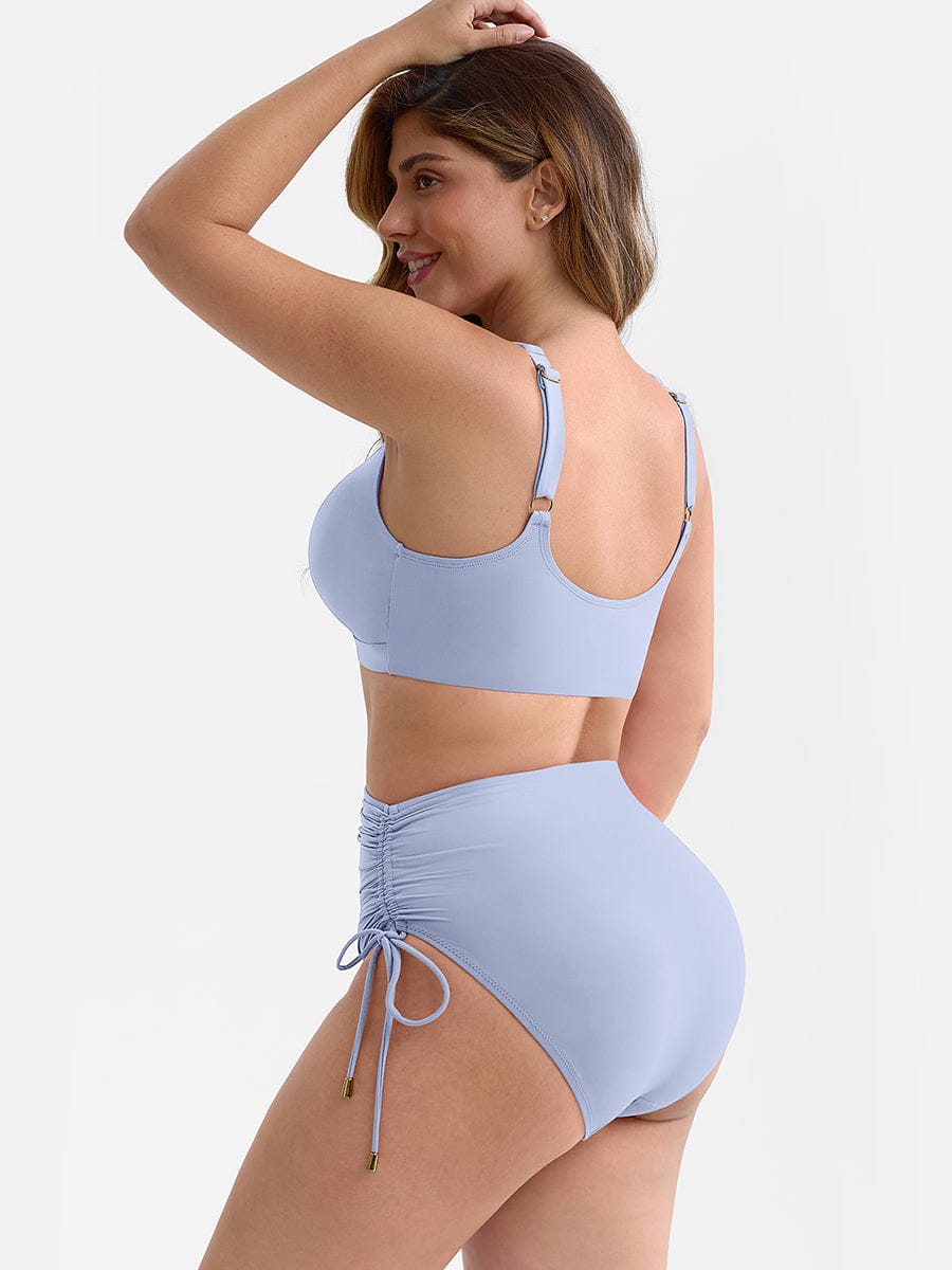 Deep V Metal Ring Drawstring Tummy Control Swimsuit - Removable Pads