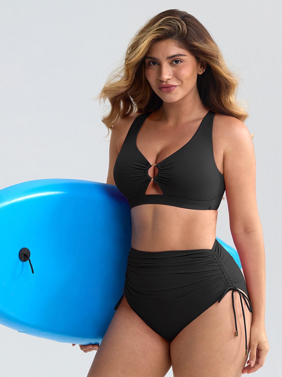 Deep V Metal Ring Drawstring Tummy Control Swimsuit - Removable Pads