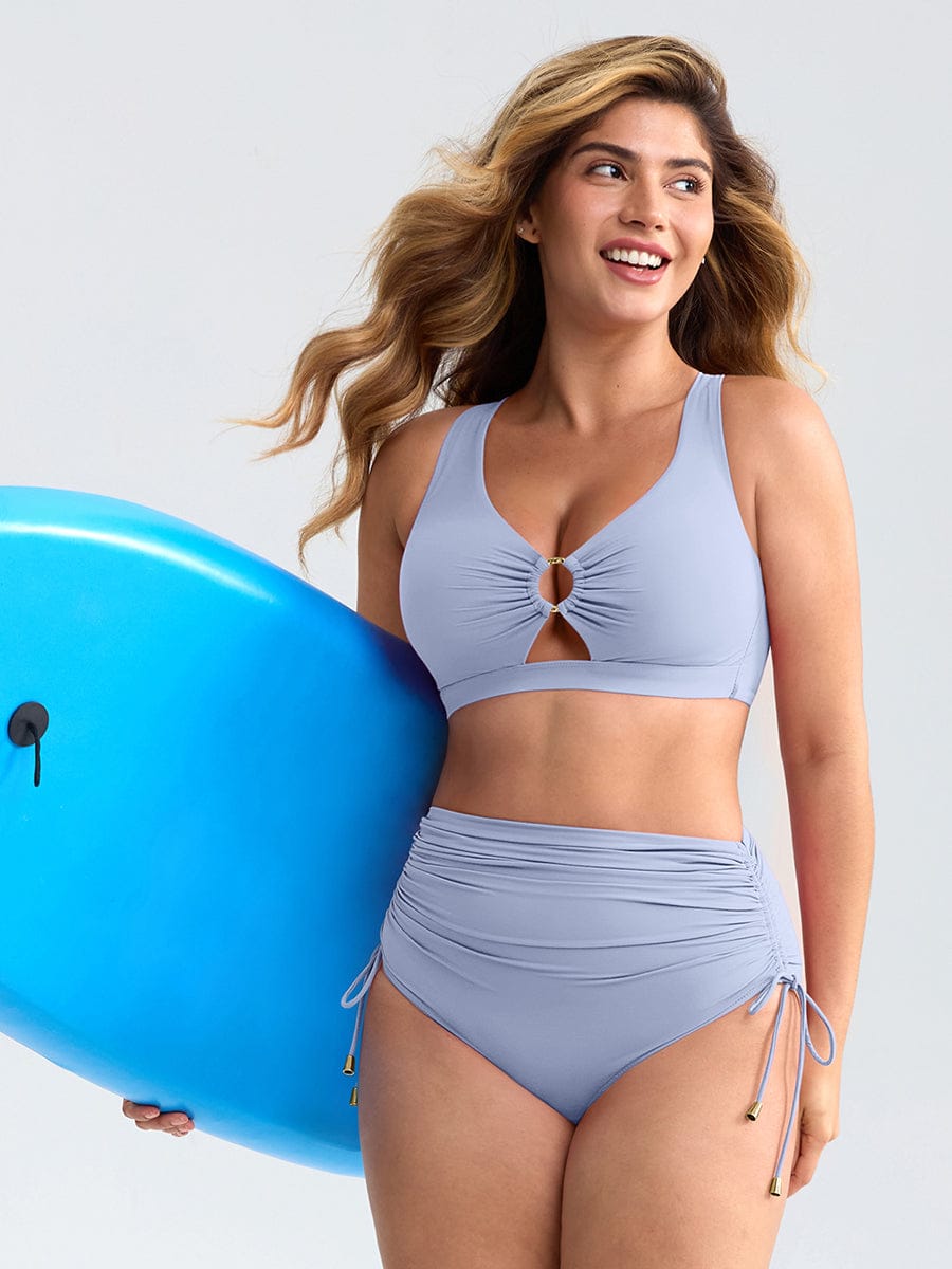 Deep V Metal Ring Drawstring Tummy Control Swimsuit - Removable Pads