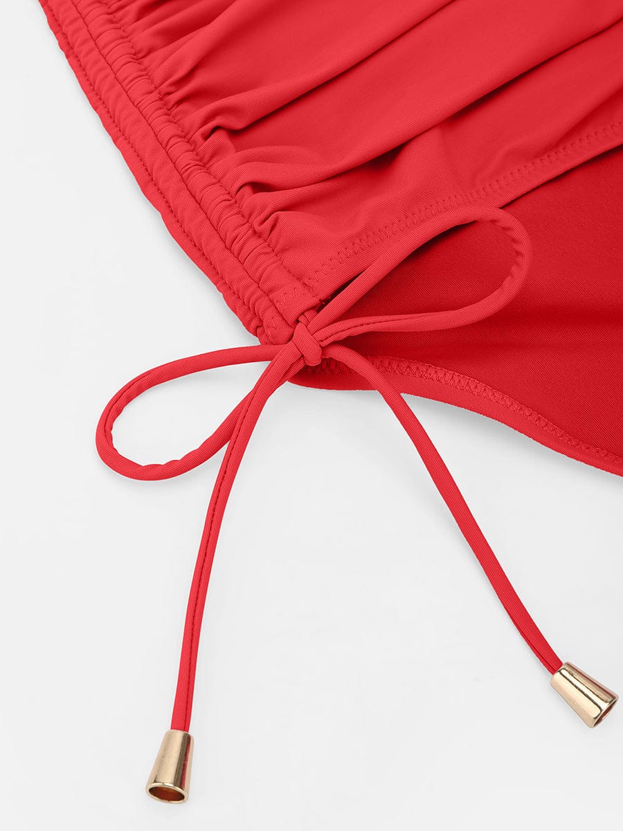 Deep V Metal Ring Drawstring Tummy Control Swimsuit - Removable Pads