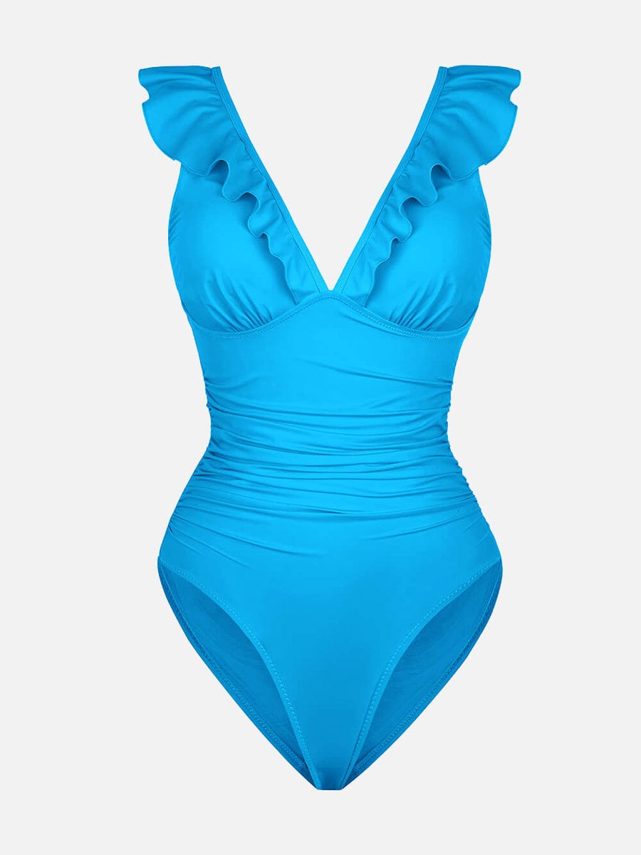 V-Neck Ruffled Lace-Up One Piece Swimsuit - Flattering Shaping Style