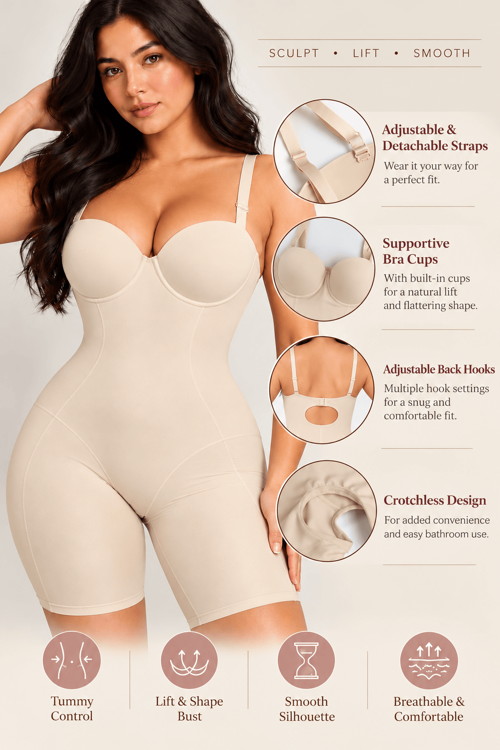 Luxxslim® Everyday Strapless Cupped Mid Thigh Shaping Bodysuit