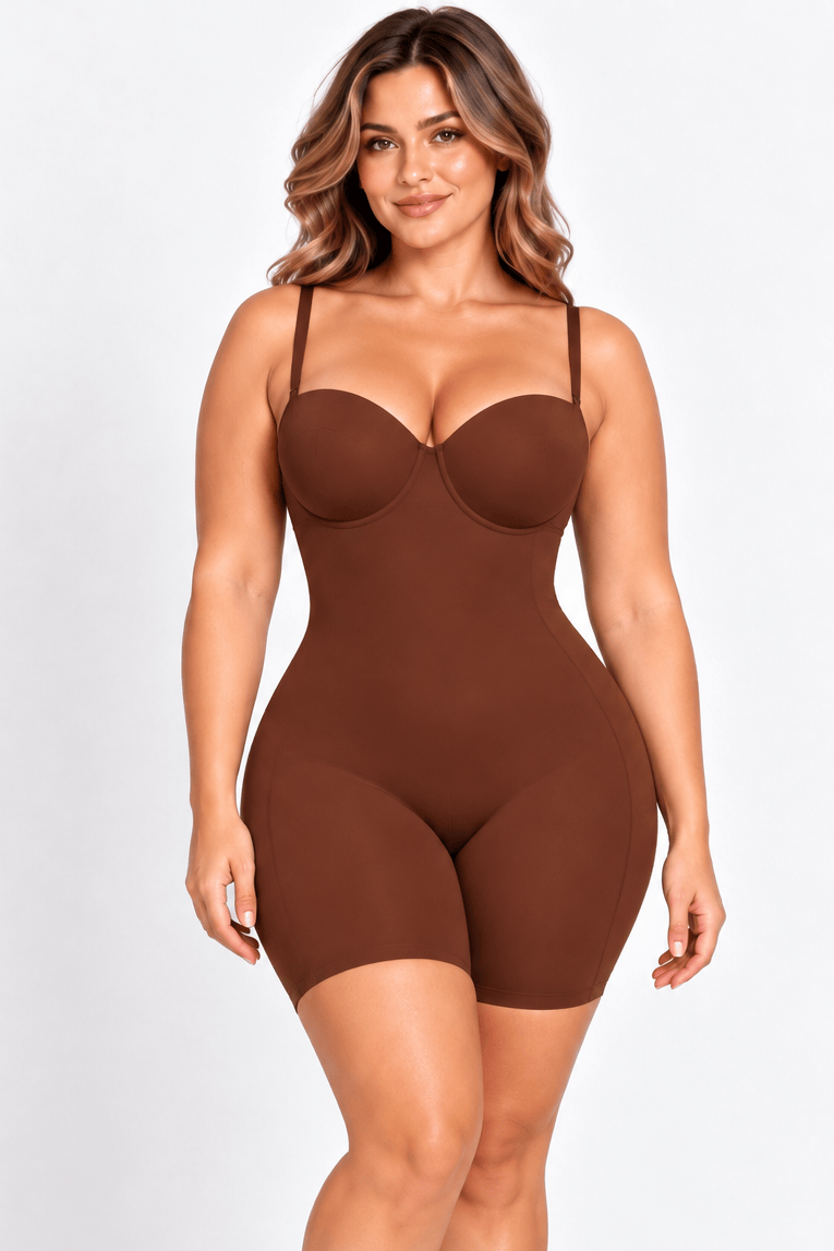 A woman modeling a brown shapewear bodysuit with underwire cups and thigh-high legs against a plain white studio background.