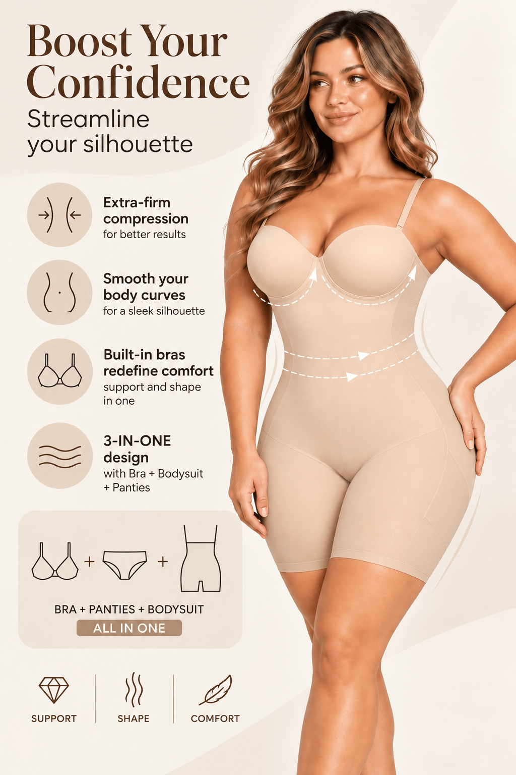 Luxxslim® Fancy Cupped Strapless Mid Thigh Shaping Bodysuit
