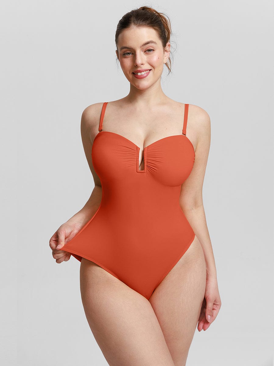 Strapless U-Wire Mesh Tummy Control Shapewear Swimsuit - Removable Pads
