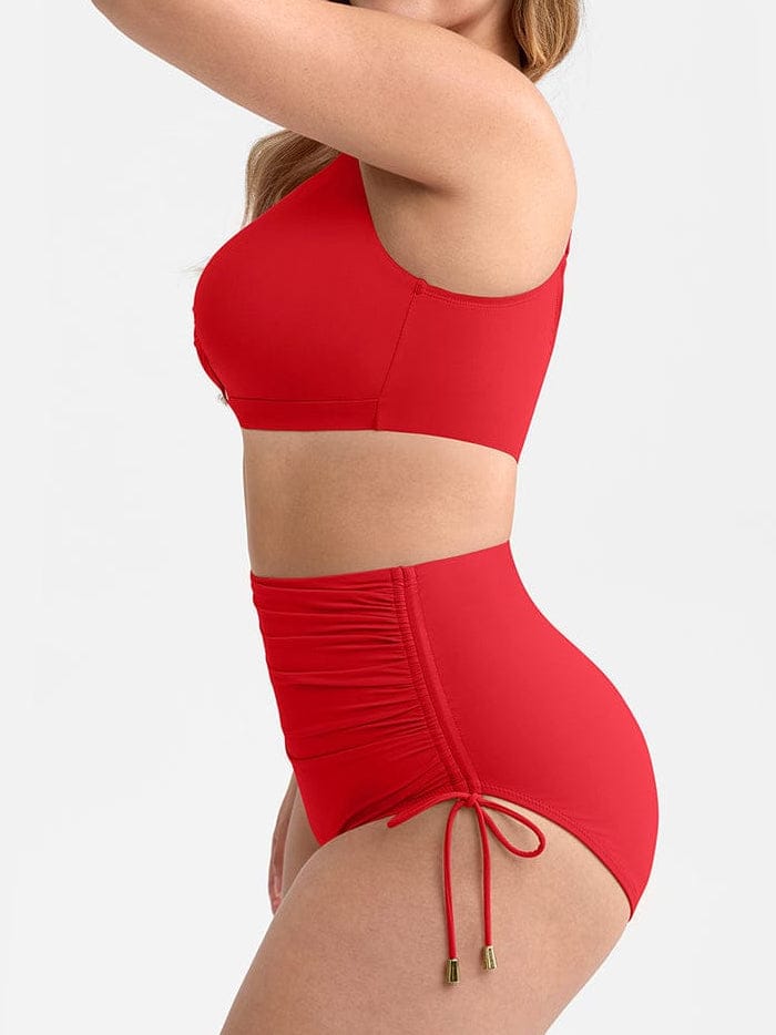 Deep V Metal Ring Drawstring Tummy Control Swimsuit - Removable Pads