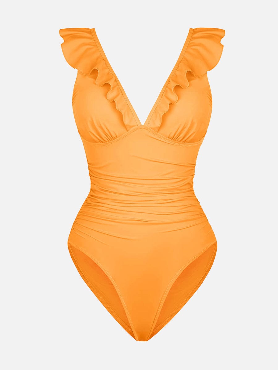 V-Neck Ruffled Lace-Up One Piece Swimsuit - Flattering Shaping Style