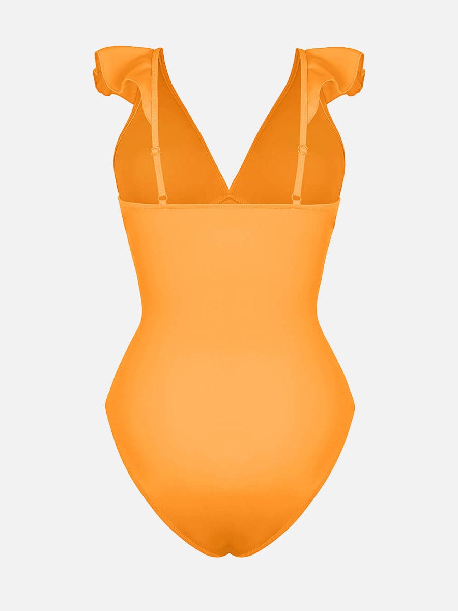 V-Neck Ruffled Lace-Up One Piece Swimsuit - Flattering Shaping Style