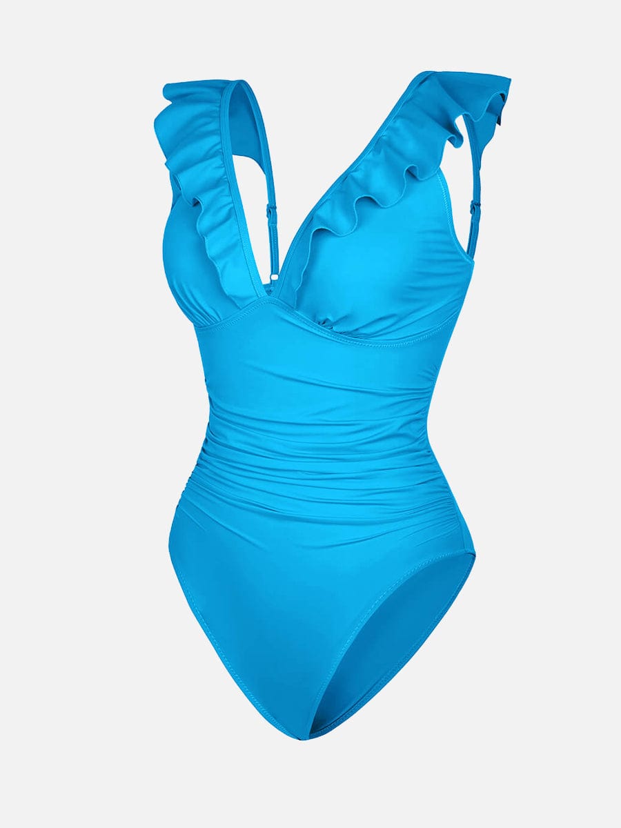 V-Neck Ruffled Lace-Up One Piece Swimsuit - Flattering Shaping Style
